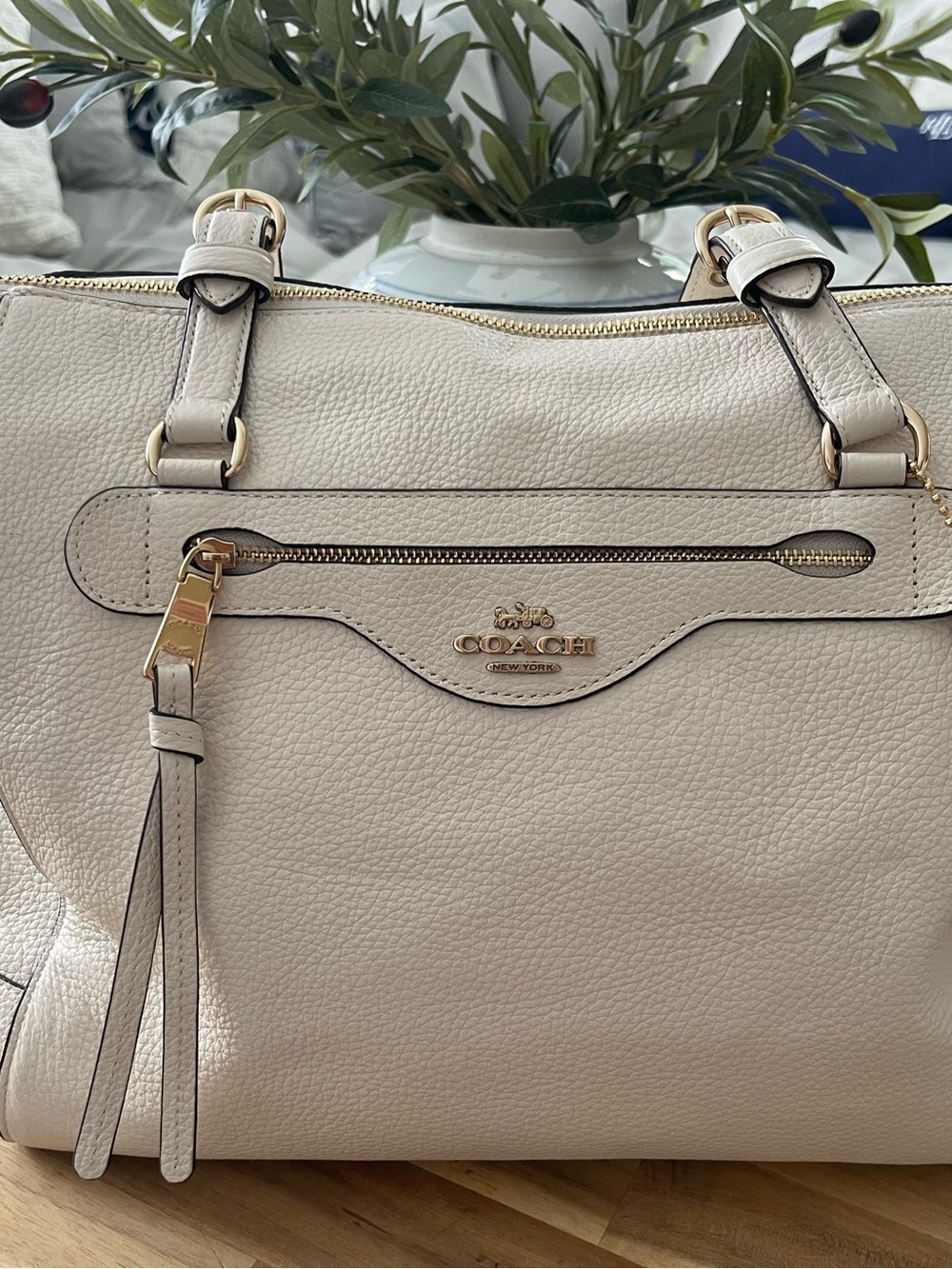 Coach Cream Pebbled Leather Tote with Gold Hardware